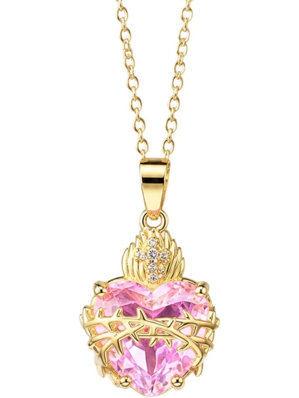 14K Gold Filled Sacred Heart Necklace - Lucky Cross Red Zircon Pendant